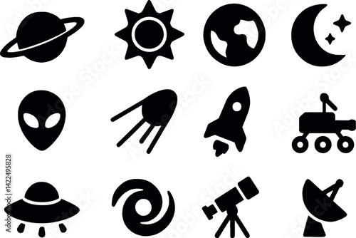 Cosmic Collection: A symbolic array of celestial bodies and futuristic crafts in a clean, minimalist style. A visual guide for those intrigued by the universe. 