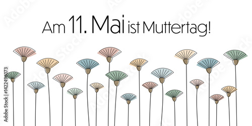Am 11. Mai ist Muttertag - Schriftzug in deutscher Sprache. Modernes Poster mit pastellfarbenen Blumen.