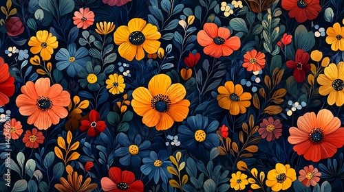 Vibrant floral pattern, dark background, textile design