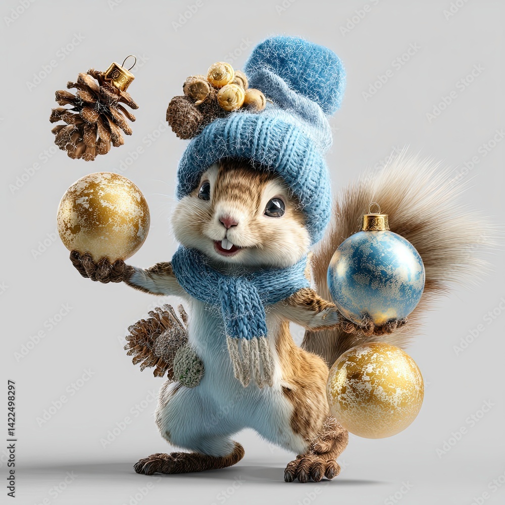 Fototapeta premium Squirrel wearing a blue hat and scarf juggles holiday ornaments and pine cones