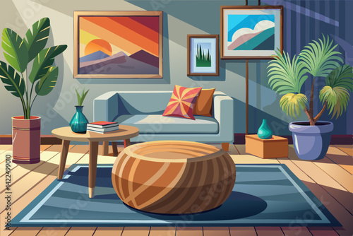 vector of Wooden pouf table in modern living room with painting above gray corner bench. real photo