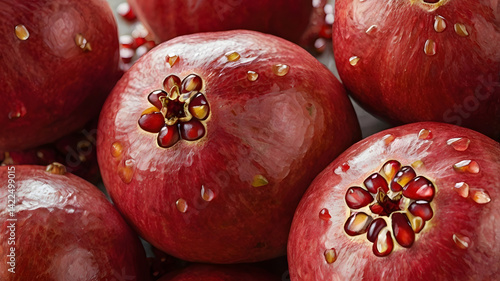Obraz na płótnie Pomegranate is a tasty and healthy fruit. It has a thick red skin and is full of small, juicy seeds called arils. These seeds are sweet, a little sour, and very good for our health.
w salonie