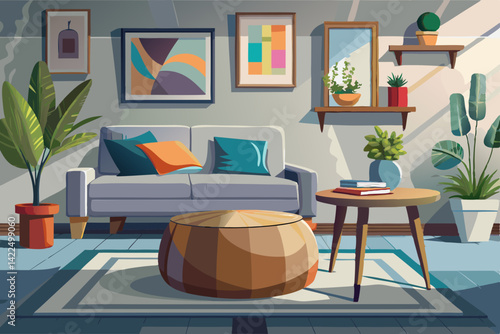 vector of Wooden pouf table in modern living room with painting above gray corner bench. real photo