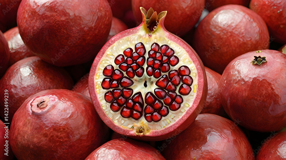 Pomegranate is a tasty and healthy fruit. It has a thick red skin and is full of small, juicy seeds called arils. These seeds are sweet, a little sour, and very good for our health.