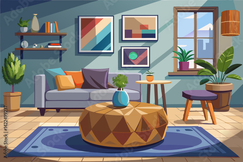 vector of Wooden pouf table in modern living room with painting above gray corner bench. real photo