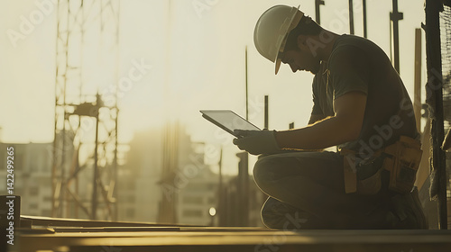 Construction Worker Using Tablet at Site