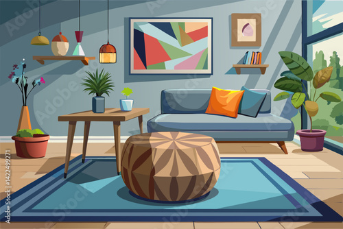 vector of Wooden pouf table in modern living room with painting above gray corner bench. real photo