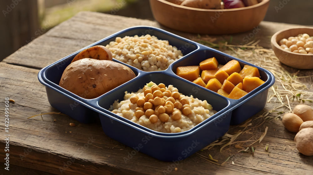 A cozy, oversized lunchbox scene where tiny farmers are finishing a healthy bento-style meal. The lunchbox is large — big enough for the farmers to stand on or climb into.