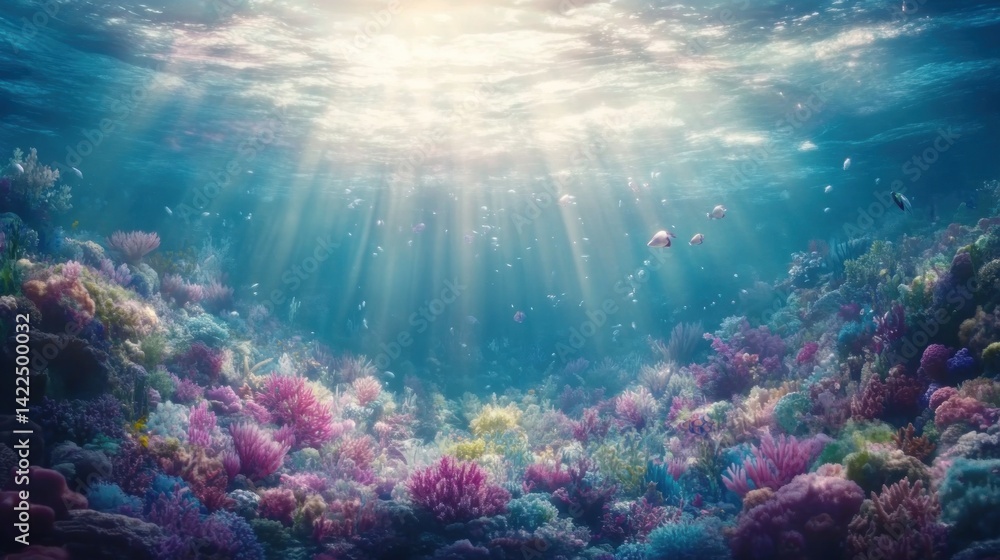 Fototapeta premium Vibrant coral reef ecosystem bathed in sunlight.
