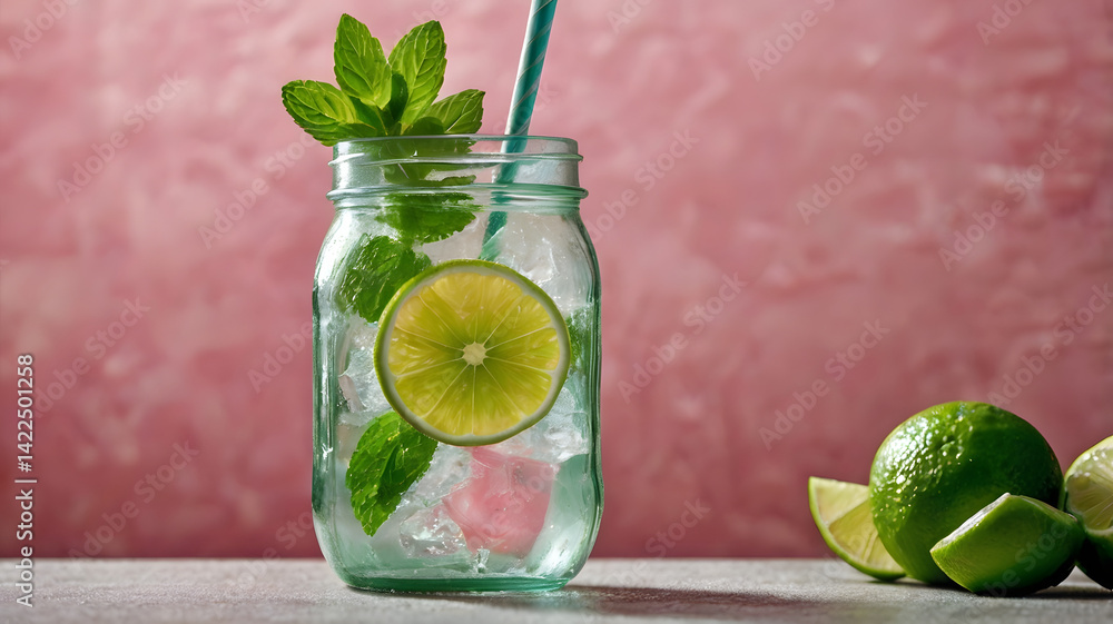 A refreshing summer cocktail in a mason jar glass, filled with ice cubes and a pinkish fruit drink, garnished with a slice of lime and a sprig of fresh mint. The drink should have a colorful striped