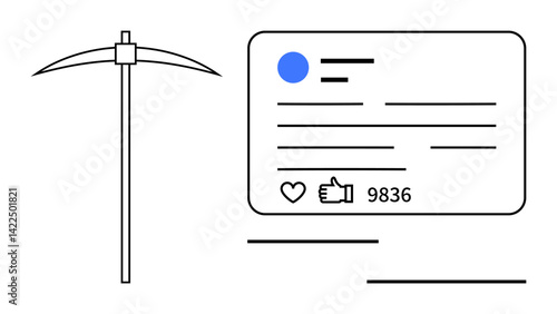 Pickaxe next to a social media post card with heart and thumbs up count minimalistic design. Ideal for social mining, online marketing, engagement metrics, social analytics, mining trends, content