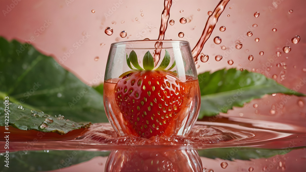 A ripe, glossy strawberry resting on a tropical leaf, surrounded by a vibrant swirl of strawberry juice. In the background, soft-focus floating strawberry slices hover gently, adding dynamic freshness