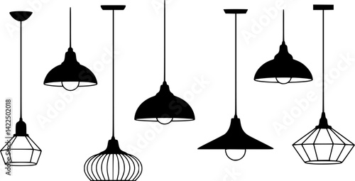 Various hanging ceiling lamps. Lamp, chandelier. Black silhouette. Front side view. Vector simple flat graphic illustration. Isolated object on a white background