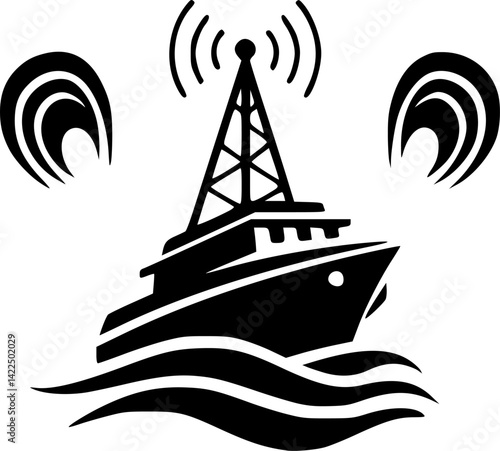 Fishing ship icon. Trawler. Black silhouette. Front view. Vector simple flat graphic illustration. Isolated object on white background