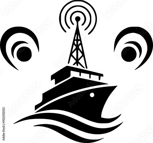 Fishing ship icon. Trawler. Black silhouette. Front view. Vector simple flat graphic illustration. Isolated object on white background