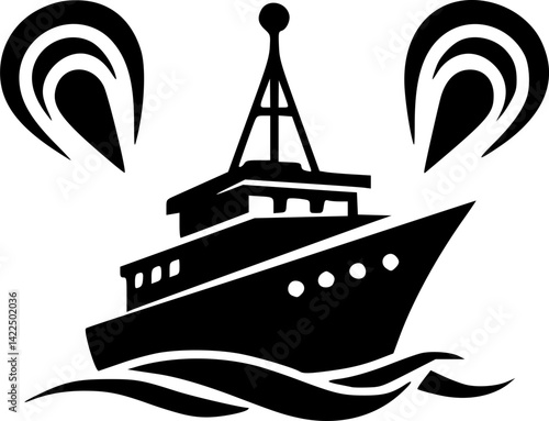 Fishing ship icon. Trawler. Black silhouette. Front view. Vector simple flat graphic illustration. Isolated object on white background