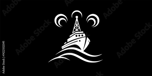 Fishing ship icon. Trawler. Black silhouette. Front view. Vector simple flat graphic illustration. Isolated object on white background