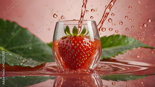 A ripe, glossy strawberry resting on a tropical leaf, surrounded by a vibrant swirl of strawberry juice. In the background, soft-focus floating strawberry slices hover gently, adding dynamic freshness