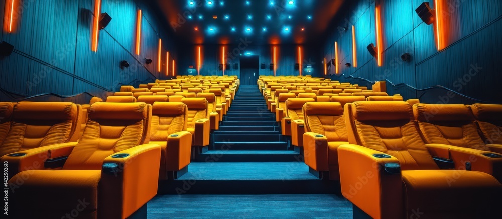 Empty movie theater auditorium with orange seats