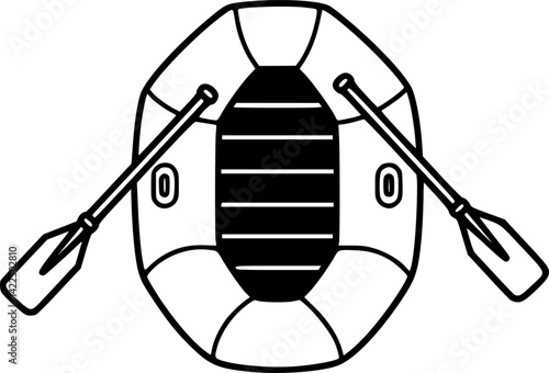 Rubber boat with oars icon. Black silhouette. Top front view. Vector simple flat graphic illustration. Isolated object on white background.