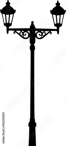 Double street lamp icon. Black silhouette. Vertical front side view. Vector simple flat graphic illustration. Isolated object on white background