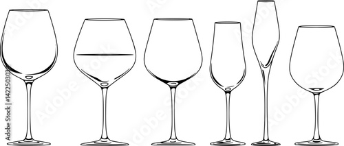Set of different glasses icons. Black outline linear silhouette. Editable strokes. Front side view. Vector simple flat graphic illustration. Isolated object on white background.