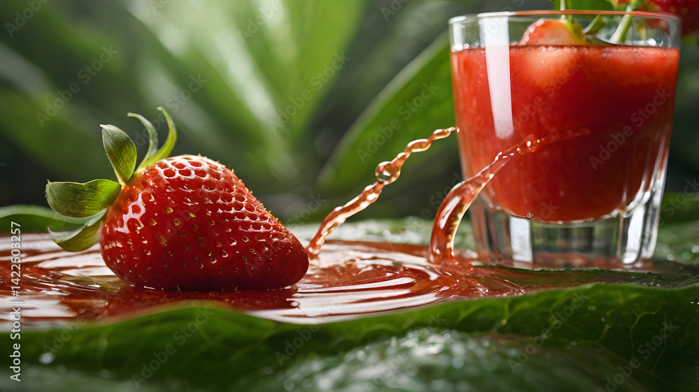 A ripe, glossy strawberry resting on a tropical leaf, surrounded by a vibrant swirl of strawberry juice. In the background, soft-focus floating strawberry slices hover gently, adding dynamic freshness