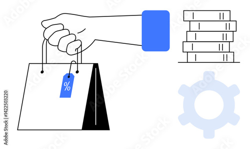 Hand carrying bag with discount tag, stacked coins beside gear illustration. Ideal for retail, e-commerce, marketing, finance, budget planning, discounts shopping strategies. Flat simple metaphor