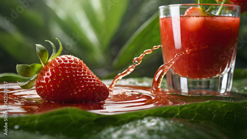 Obraz na płótnie A ripe, glossy strawberry resting on a tropical leaf, surrounded by a vibrant swirl of strawberry juice. In the background, soft-focus floating strawberry slices hover gently, adding dynamic freshness w salonie