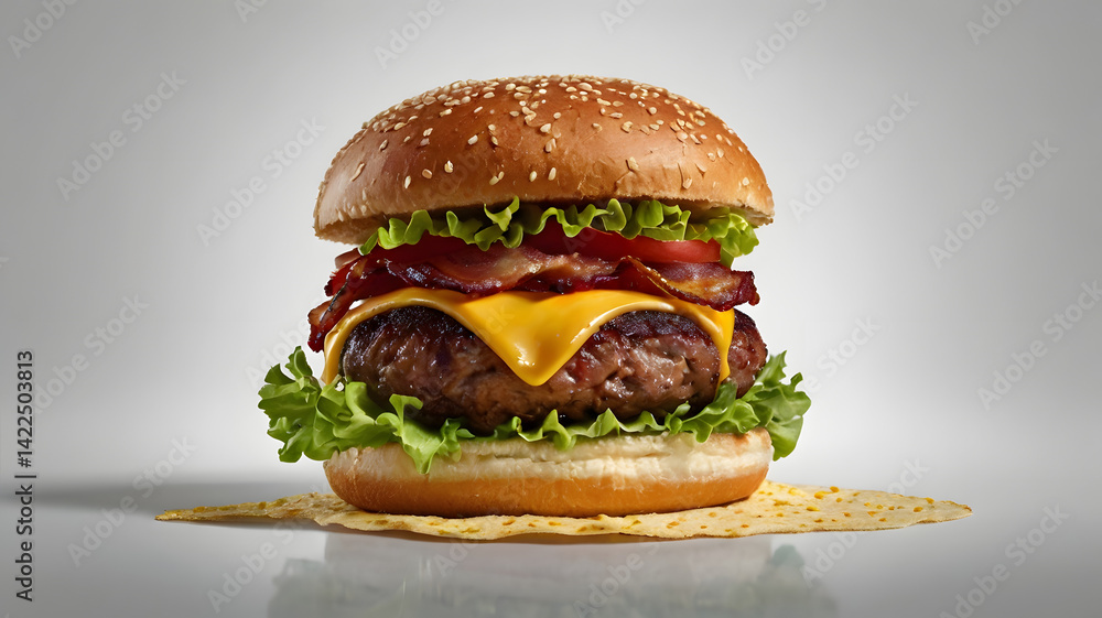A succulent gourmet burger suspended in mid-air, its juicy patty, crispy bacon, melted cheese, and fresh lettuce and tomato, all meticulously arranged on a soft, toasted brioche bun
