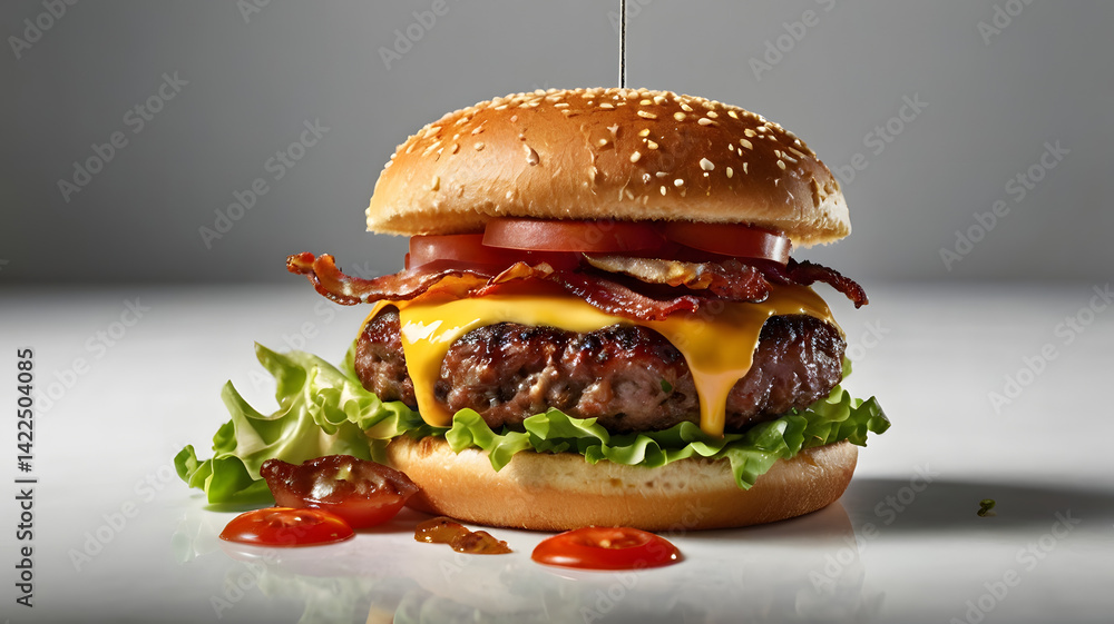 A succulent gourmet burger suspended in mid-air, its juicy patty, crispy bacon, melted cheese, and fresh lettuce and tomato, all meticulously arranged on a soft, toasted brioche bun
