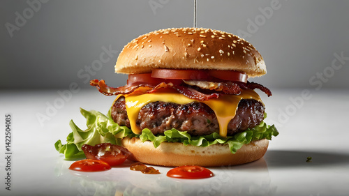Obraz na płótnie A succulent gourmet burger suspended in mid-air, its juicy patty, crispy bacon, melted cheese, and fresh lettuce and tomato, all meticulously arranged on a soft, toasted brioche bun w salonie