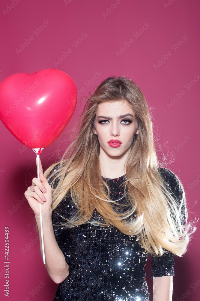 Happy birthday. Woman holding a red heart love balloon. Beautiful female with a romantic birthday present. Girl with a Valentine's Day heart. Woman celebrating birthday. Girl in love. Funny birthday. Happy birthday. Woman holding a red heart love balloon. Beautiful female with a romantic birthday present. Girl with a Valentine's Day heart. Woman celebrating birthday. Girl in love. Funny birthday.