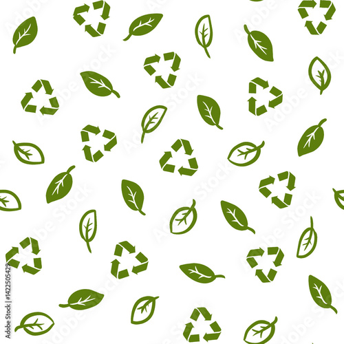 Eco-friendly seamless pattern with green leaves and recycling symbols. Sustainable lifestyle concept for organic packaging and environmental design.