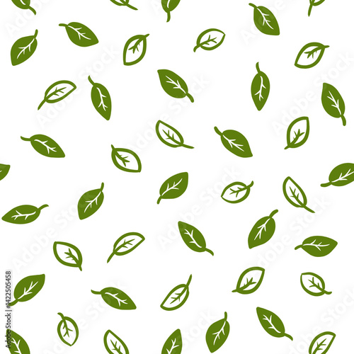 Eco-friendly seamless pattern with green leaves. Sustainable lifestyle concept for organic packaging and environmental design.