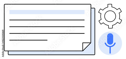 Document with text lines alongside microphone and gear icons representing voice input and software settings. Ideal for transcription, technology, voice recognition, automation, workflow
