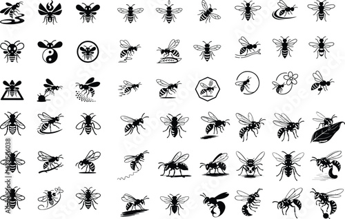 Wasp Silhouette Set | Vector Insect Clipart Collection Wasp Icon Bundle | Black Insect Silhouette Design