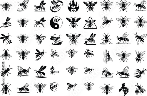Wasp Silhouette Set | Vector Insect Clipart Collection Wasp Icon Bundle | Black Insect Silhouette Design