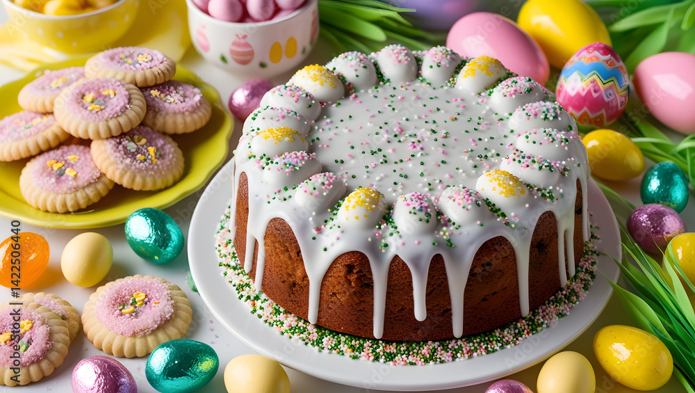 A festive Easter composition featuring a traditional Ukrainian Easter cake (paska or kulich) decorated with white glaze and colorful sprinkles, surrounded by various sweets and treats. Include sugar