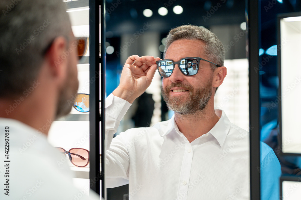 Man in sunglasses indoors portrait. Mature guy choosing eyeglasses. Fashion man in trendy eyewear. 40s man buying sunglasses. Customer trying glasses. Man in sunglasses boutique.