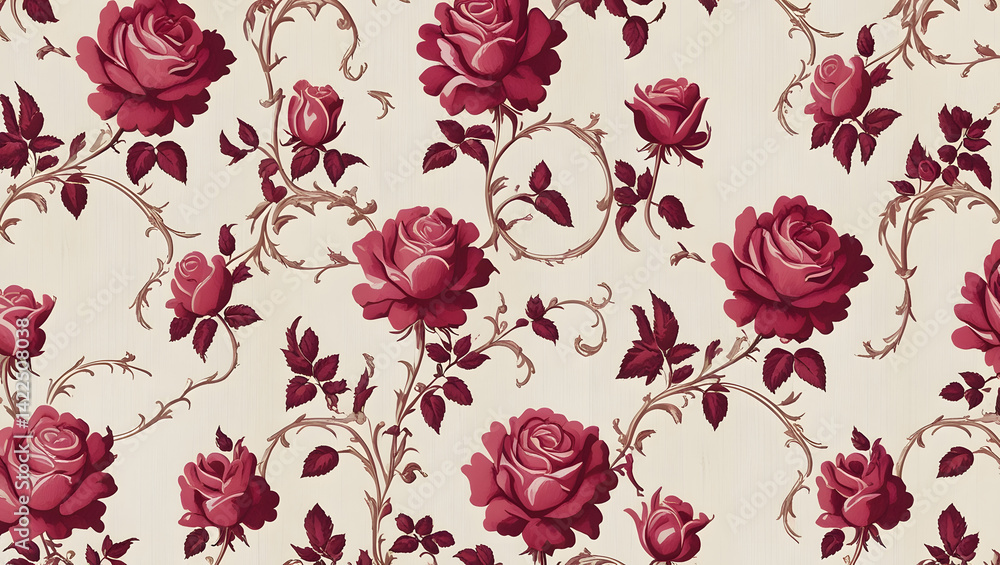 A vintage-inspired, high-contrast wallpaper design featuring a repeating pattern of stylized, lush pink roses with delicate, swirling stems and leaves on a creamy white background, reminiscent of trad
