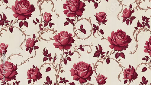 Obraz na płótnie A vintage-inspired, high-contrast wallpaper design featuring a repeating pattern of stylized, lush pink roses with delicate, swirling stems and leaves on a creamy white background, reminiscent of trad w salonie