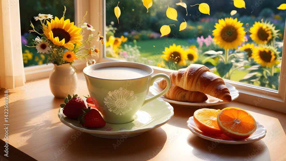 A beautiful, cozy morning scene with beautiful lighting in highly detailed 4K resolution. A warm wooden table by the window with a light pastel coffee cup featuring an elegant white floral pattern