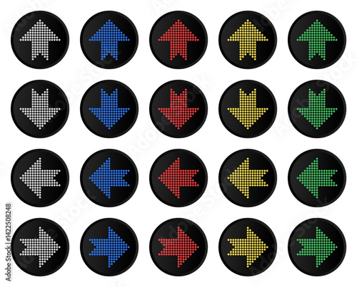 Set of Colorful Glowing Arrow Icons on Black Background, Direction Symbols Pointing Up Down Left Right for UI, Web, App Navigation, and Modern Design Elements