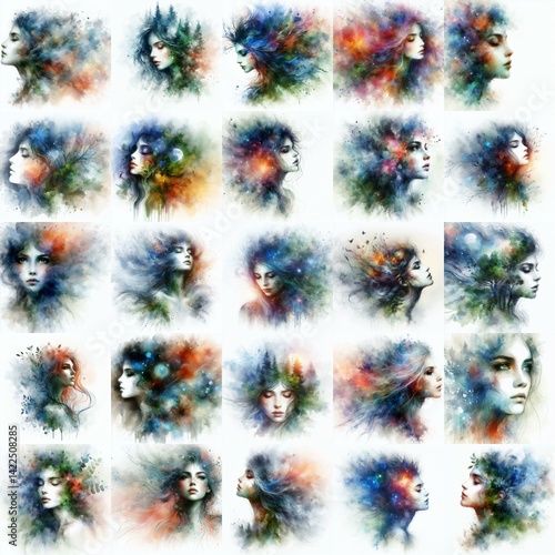 Obraz na płótnie Forest witch. Watercolor double exposure drawing. AI generated illustration w salonie