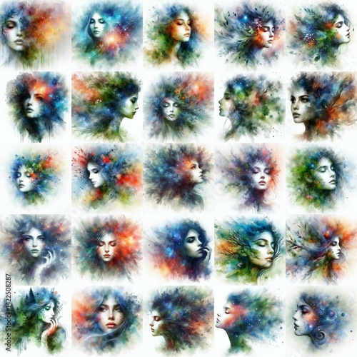 Obraz na płótnie Forest witch. Watercolor double exposure drawing. AI generated illustration w salonie