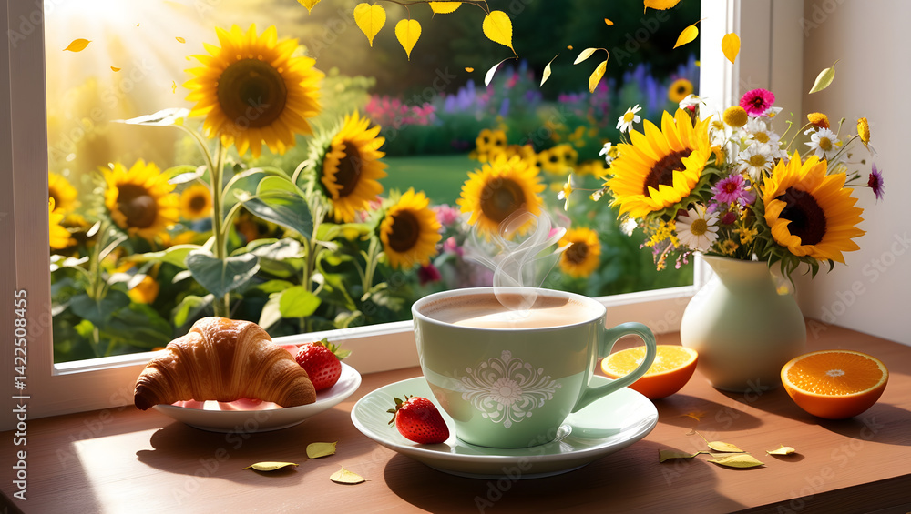 A beautiful, cozy morning scene with beautiful lighting in highly detailed 4K resolution. A warm wooden table by the window with a light pastel coffee cup featuring an elegant white floral pattern
