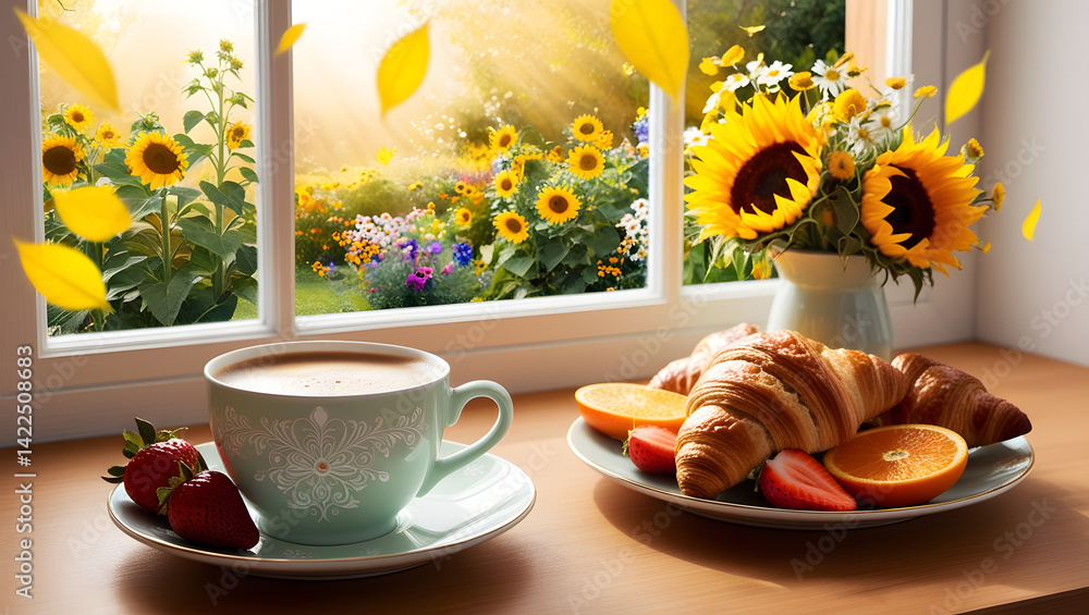 A beautiful, cozy morning scene with beautiful lighting in highly detailed 4K resolution. A warm wooden table by the window with a light pastel coffee cup featuring an elegant white floral pattern