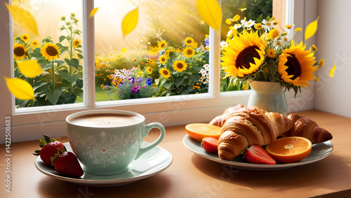 Obraz na płótnie A beautiful, cozy morning scene with beautiful lighting in highly detailed 4K resolution. A warm wooden table by the window with a light pastel coffee cup featuring an elegant white floral pattern w salonie
