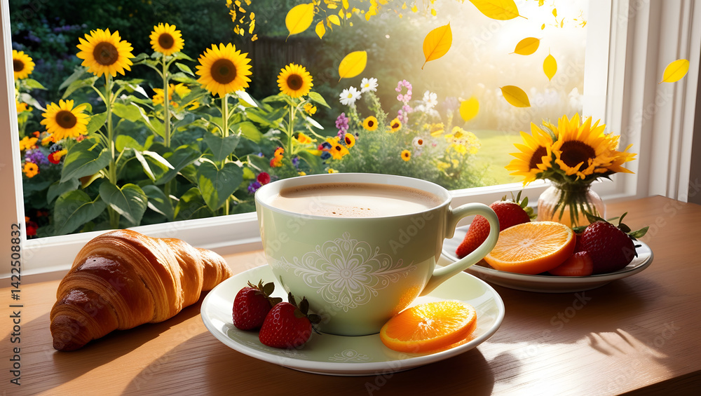 A beautiful, cozy morning scene with beautiful lighting in highly detailed 4K resolution. A warm wooden table by the window with a light pastel coffee cup featuring an elegant white floral pattern